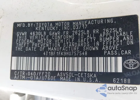 2017 Toyota Camry Se from USA, damaged, VIN 4T1BF1FK9HU757548